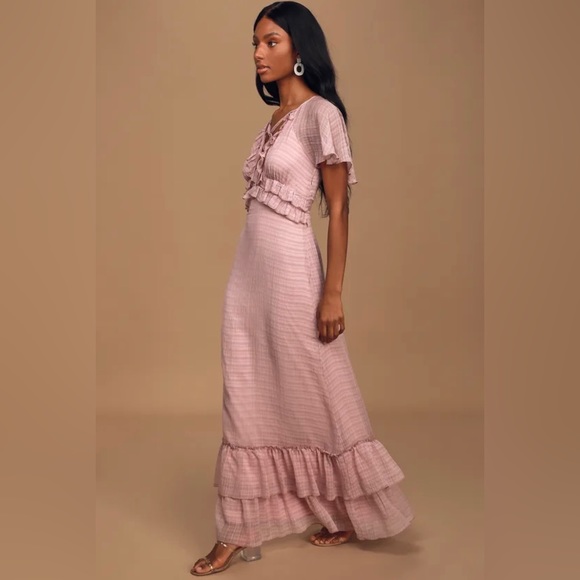 Sweetest Delight Mauve Plaid Ruffled Short Sleeve Maxi Dress - Picture 4 of 7